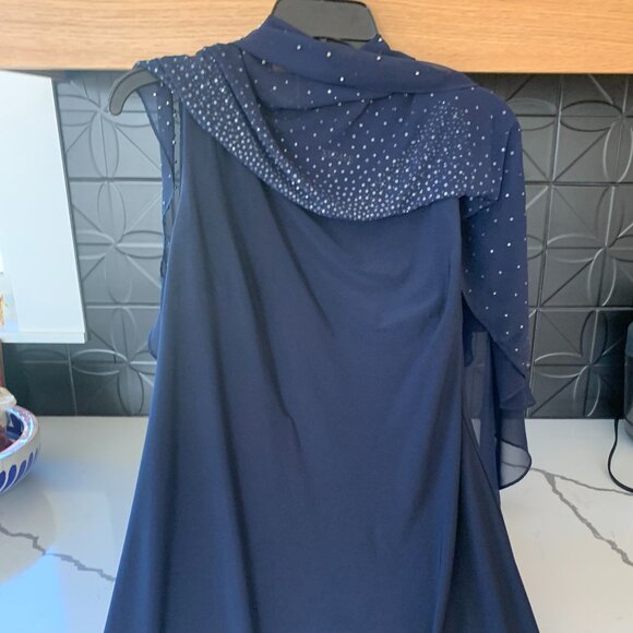 Xcape size Large Navy Knee Length Shift Dress with Beaded Drape. - Picture 4 of 8